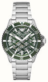 Emporio Armani AR60061 automatic skeleton dial diver watch with green bezel and silver stainless steel bracelet