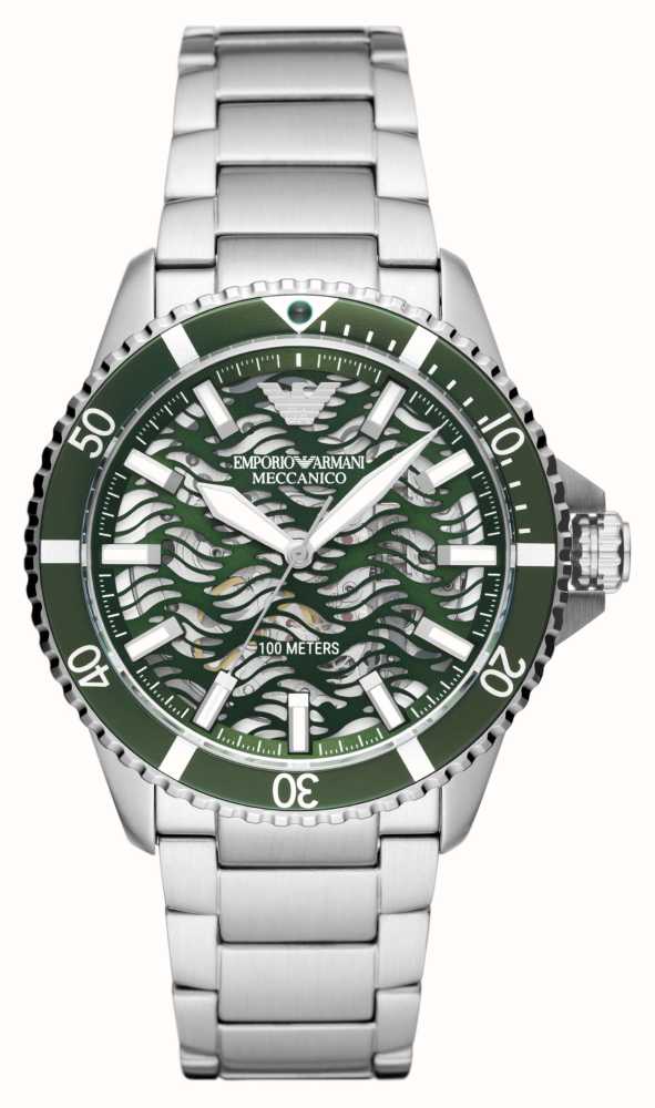 Emporio Armani AR60061 automatic skeleton dial diver watch with green bezel and silver stainless steel bracelet