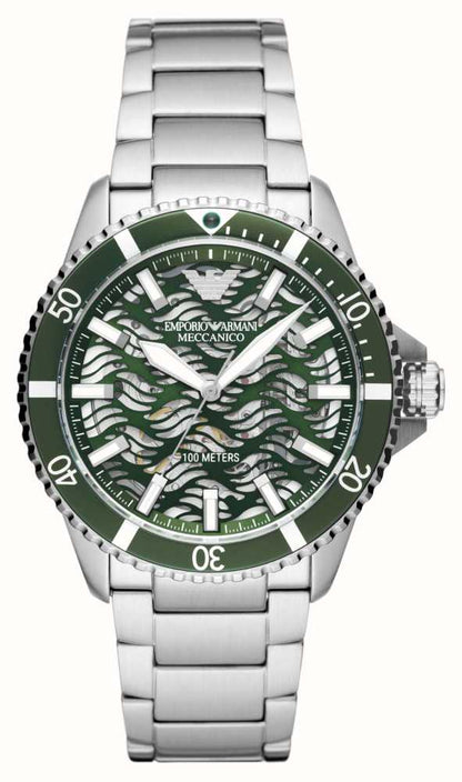 Emporio Armani AR60061 automatic skeleton dial diver watch with green bezel and silver stainless steel bracelet