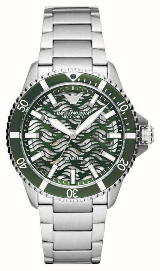 Emporio Armani AR60061 automatic skeleton dial diver watch with green bezel and silver stainless steel bracelet