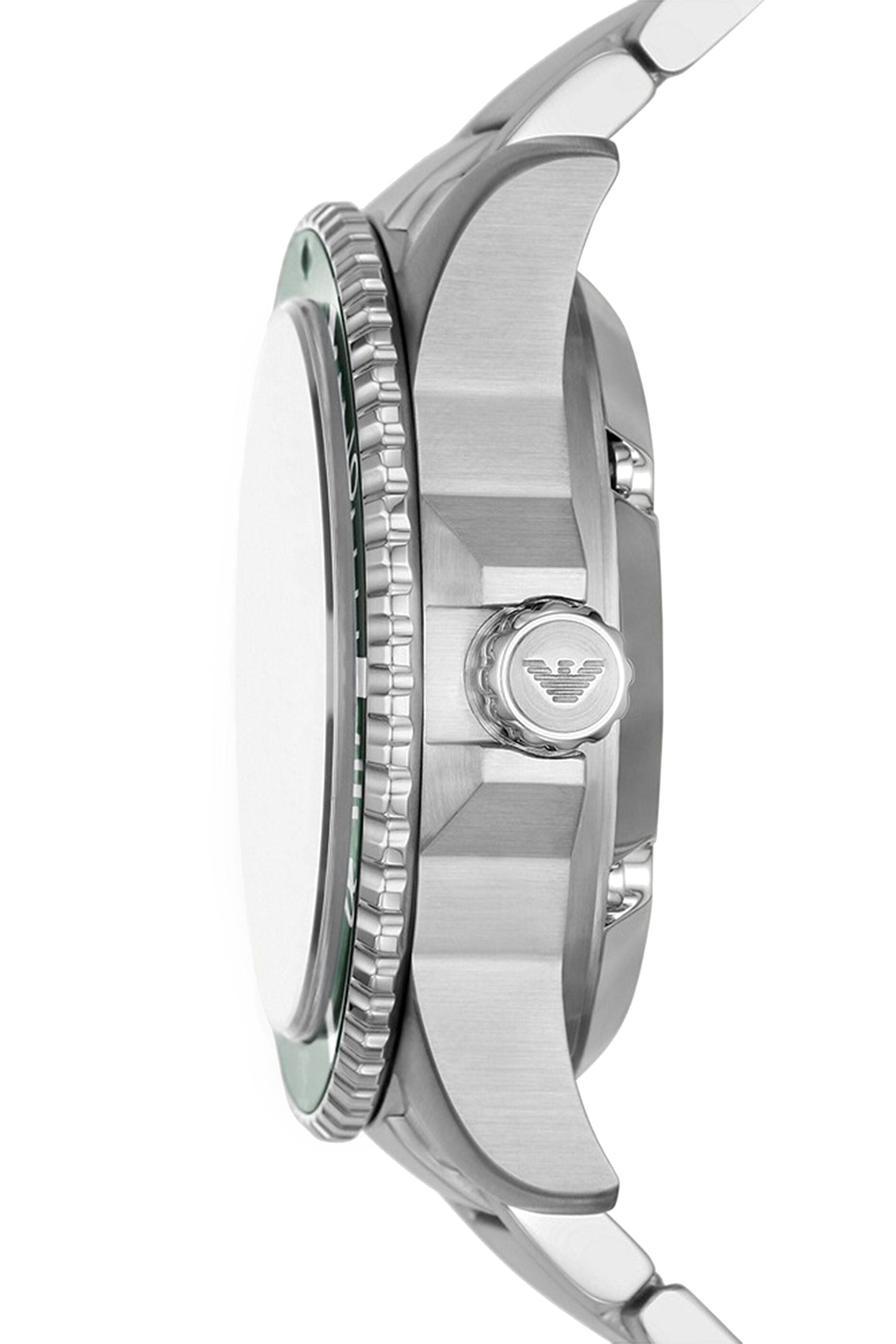 Side profile of Emporio Armani AR60061 showing case thickness, crown, and silver bracelet