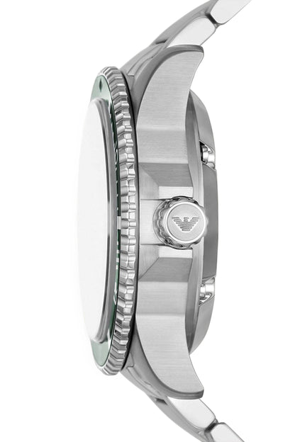 Side profile of Emporio Armani AR60061 showing case thickness, crown, and silver bracelet