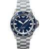 Emporio Armani AR60079 stainless steel watch with blue dial, white indices, and diving bezel