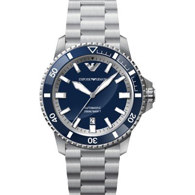 Emporio Armani AR60079 stainless steel watch with blue dial, white indices, and diving bezel