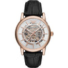 Emporio Armani automatic skeleton dial men's watch with rose gold case and black leather strap