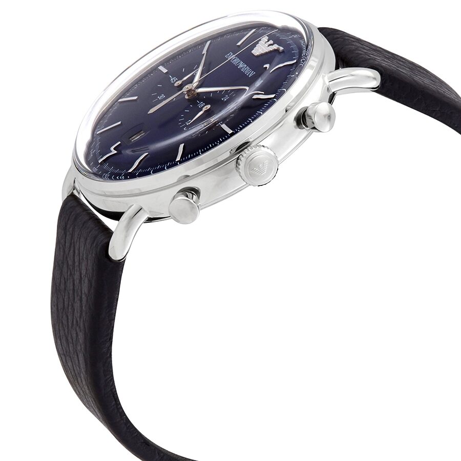 Side view of Emporio Armani Aviator chronograph watch showing silver case and black leather strap