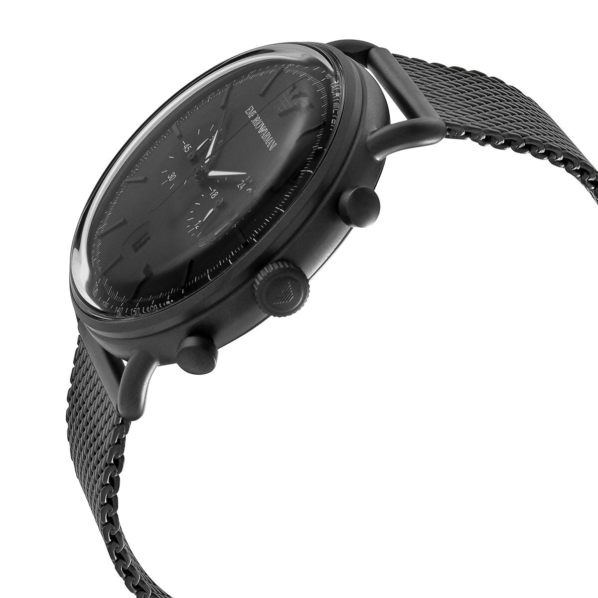 Side profile view of Emporio Armani Aviator chronograph watch showing black case and mesh bracelet