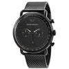 Emporio Armani Aviator chronograph watch with black dial, tachymeter bezel, and black mesh strap