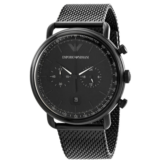 Emporio Armani Aviator chronograph watch with black dial, tachymeter bezel, and black mesh strap