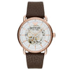 Rose gold automatic watch with white skeleton dial and brown leather strap