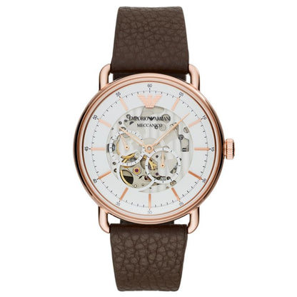 Rose gold automatic watch with white skeleton dial and brown leather strap