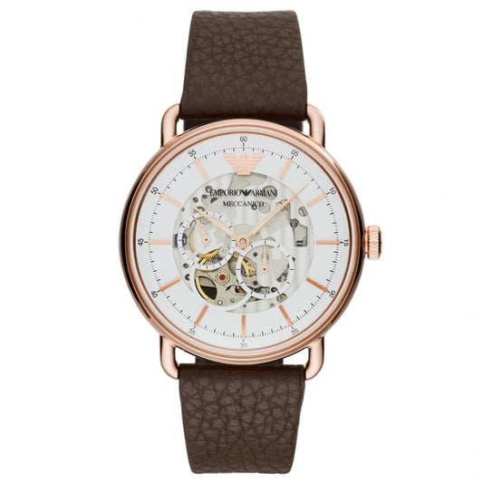 Rose gold automatic watch with white skeleton dial and brown leather strap