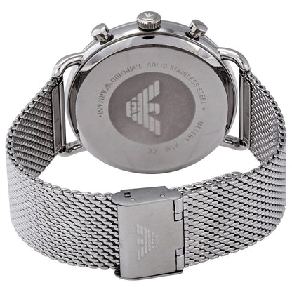 Emporio Armani Aviator Chronograph case back showing stainless steel construction and logo