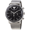 Emporio Armani Aviator Chronograph black dial watch with silver mesh strap and chronograph subdials