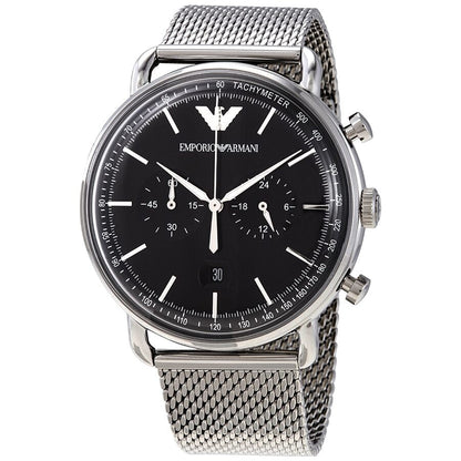 Emporio Armani Aviator Chronograph black dial watch with silver mesh strap and chronograph subdials