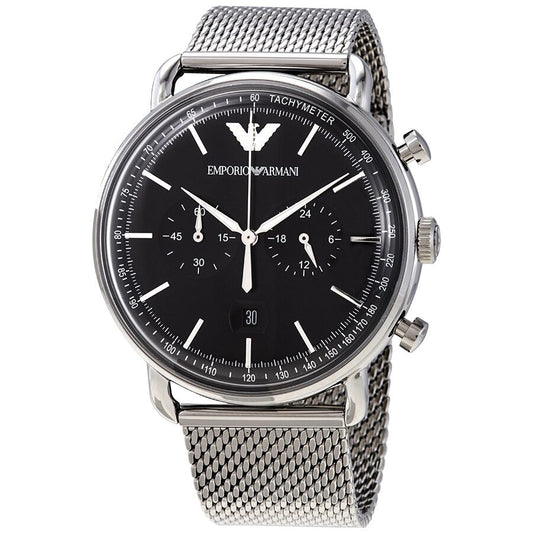 Emporio Armani Aviator Chronograph black dial watch with silver mesh strap and chronograph subdials