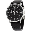 Emporio Armani Aviator chronograph with black dial, silver case, and black leather strap