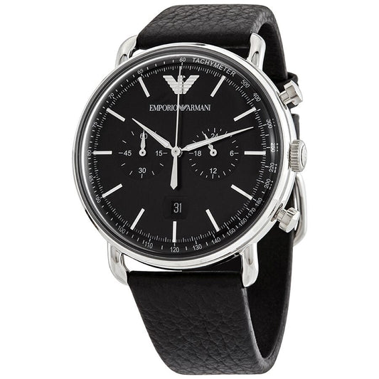 Emporio Armani Aviator chronograph with black dial, silver case, and black leather strap