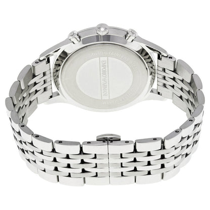 Caseback of Emporio Armani Beta chronograph watch showing stainless steel bracelet