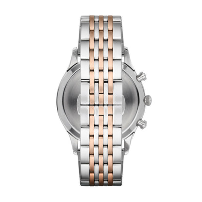 Two-tone stainless steel bracelet and case back of Emporio Armani Beta chronograph watch