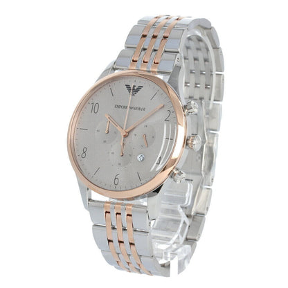 Emporio Armani Beta chronograph watch with grey dial, angle view showing two-tone design