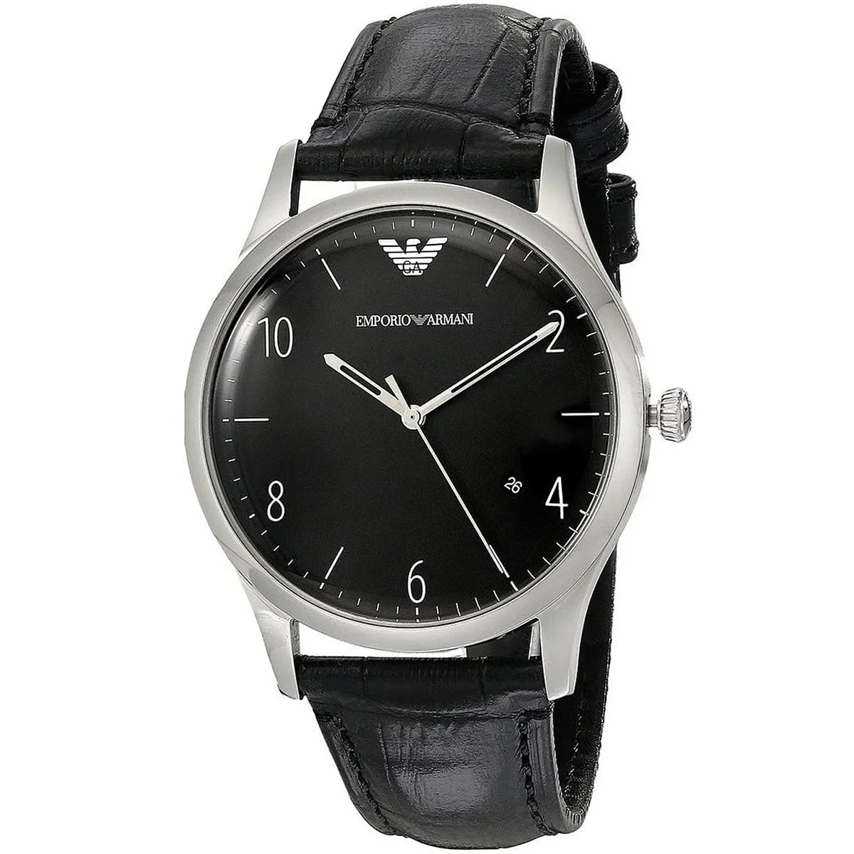 Emporio Armani Beta AR1865 watch three-quarter view showing silver case and crocodile-embossed leather strap