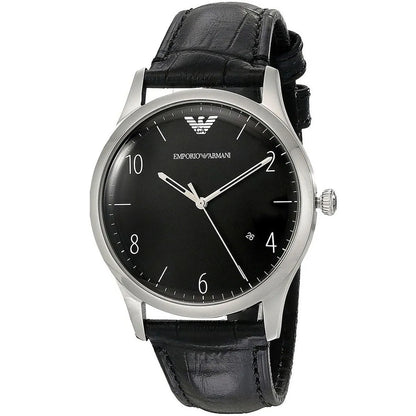 Emporio Armani Beta AR1865 watch three-quarter view showing silver case and crocodile-embossed leather strap