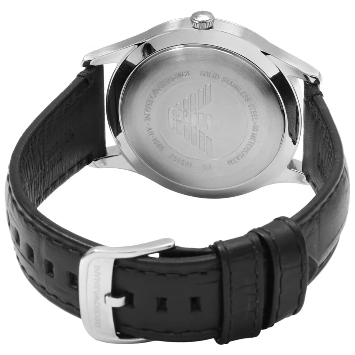 Emporio Armani Beta AR1865 case back detail showing engraved text and specifications on stainless steel