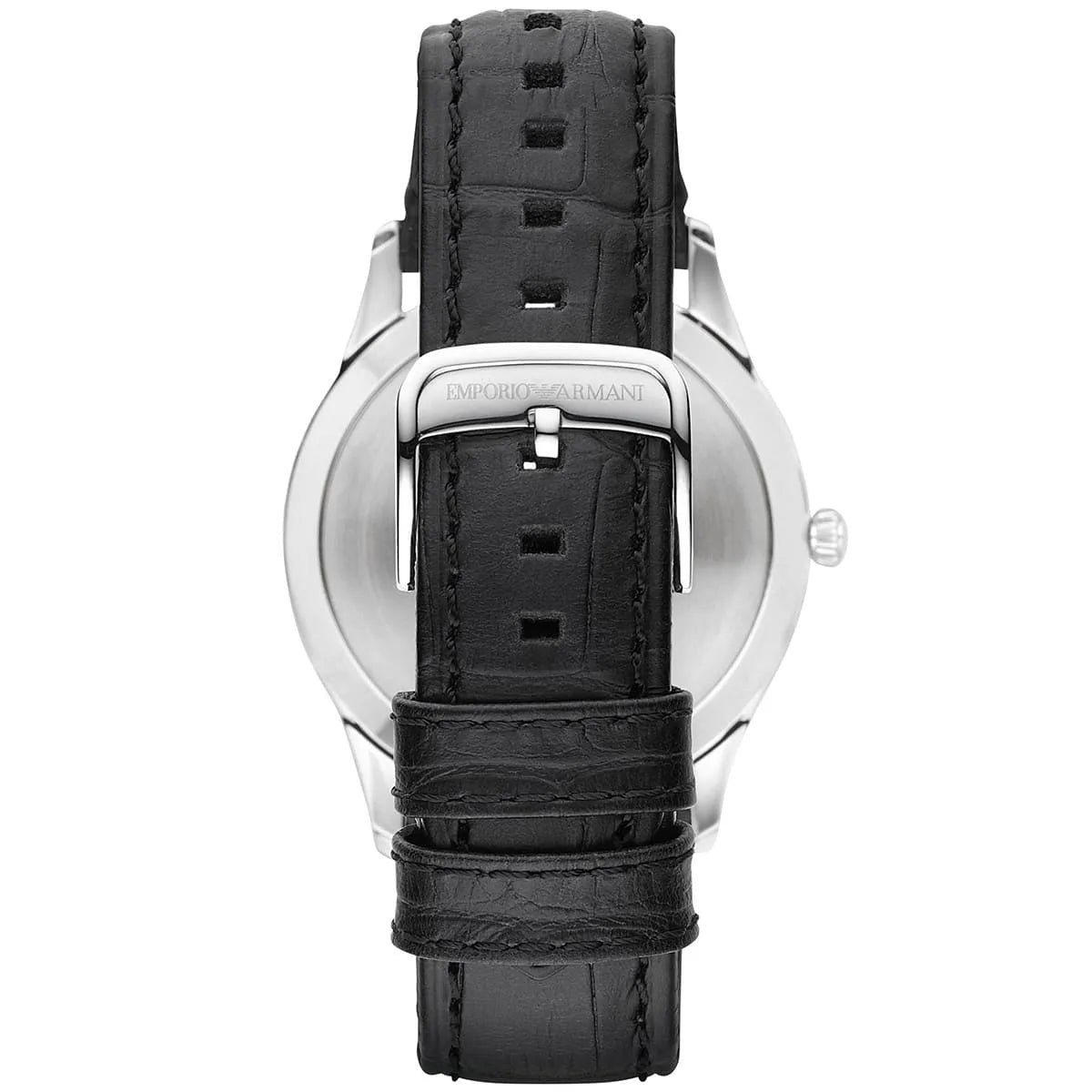Emporio Armani Beta AR1865 case back showing silver stainless steel with engraved eagle logo