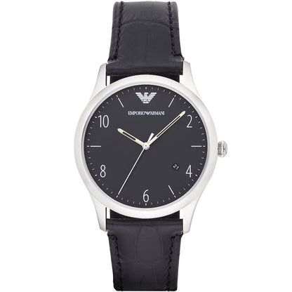 Emporio Armani Beta AR1865 men's watch with silver case and black dial on black leather strap
