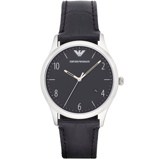 Emporio Armani Beta AR1865 men's watch with silver case and black dial on black leather strap