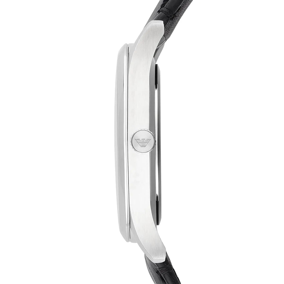 Emporio Armani Beta AR1865 watch side view showing case profile and leather strap attachment