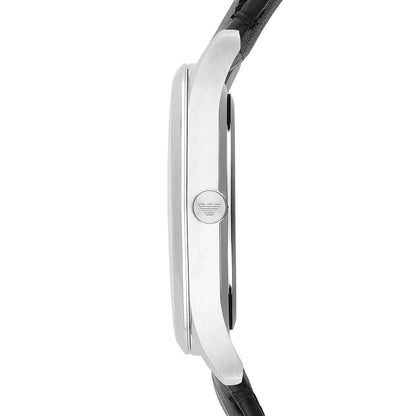 Emporio Armani Beta AR1865 watch side view showing case profile and leather strap attachment