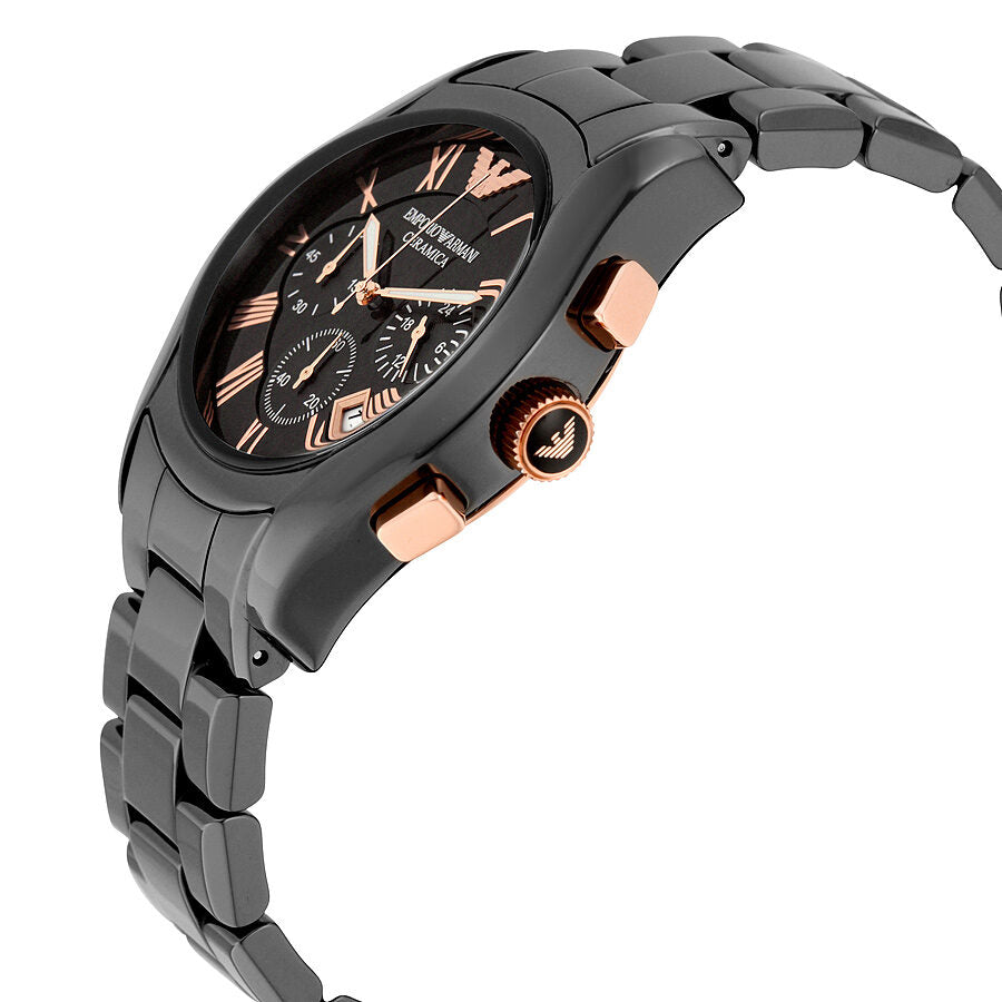 Side angle view of Emporio Armani Ceramica chronograph with black ceramic case, rose gold pushers, and ceramic bracelet