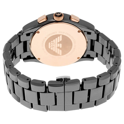 Caseback of Emporio Armani Ceramica watch showing Emporio Armani eagle logo and ceramic bracelet detail