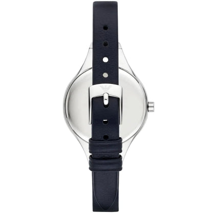 Emporio Armani Chiara AR7429 watch viewed from back showing dial and black leather strap