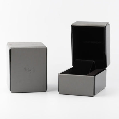 Emporio Armani AR7429 watch packaging with gray box and branded case