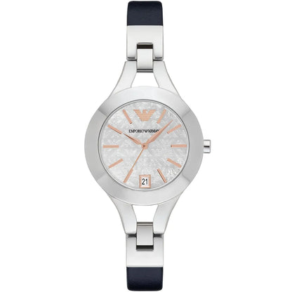 Emporio Armani Chiara silver women's watch with white dial and black leather strap