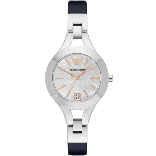 Emporio Armani Chiara silver women's watch with white dial and black leather strap