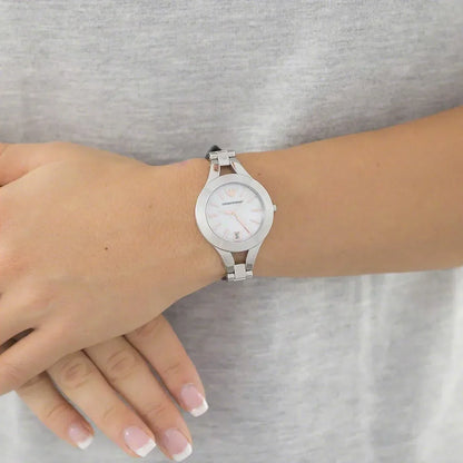 Emporio Armani Chiara AR7429 silver watch worn on wrist with black leather strap