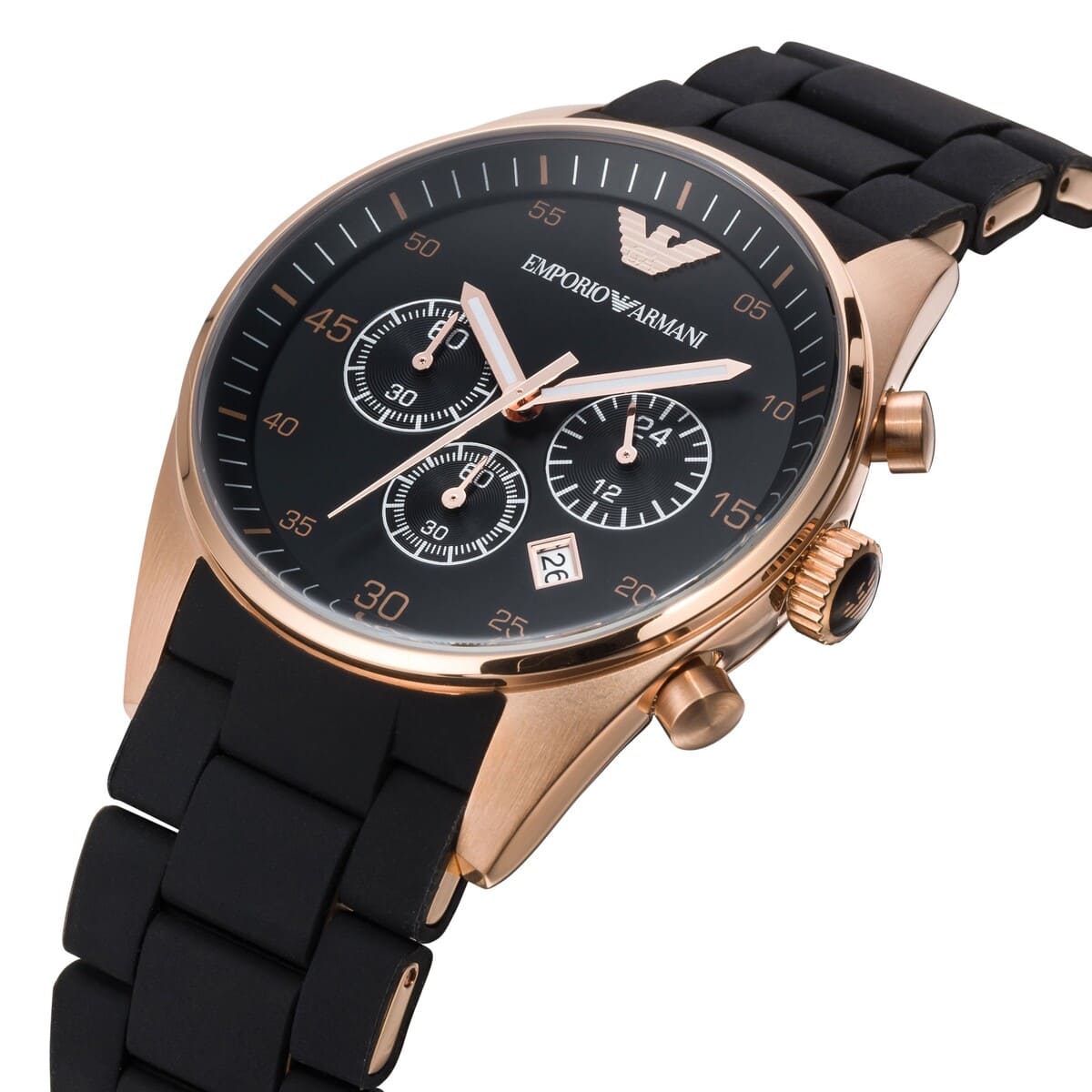 Rose gold chronograph watch with black dial, subdials, and date window