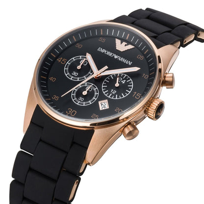 Rose gold chronograph watch with black dial, subdials, and date window