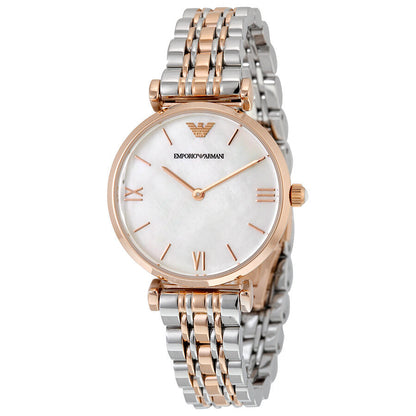 Emporio Armani Classic ladies watch with mother of pearl dial, rose gold and silver two-tone bracelet, Roman numeral markers