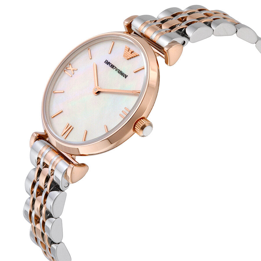 Side angle view of Emporio Armani Classic watch showing rose gold case and two-tone stainless steel bracelet