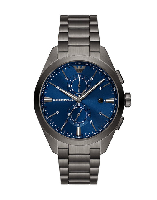 Emporio Armani Claudio chronograph watch with blue dial and gunmetal case