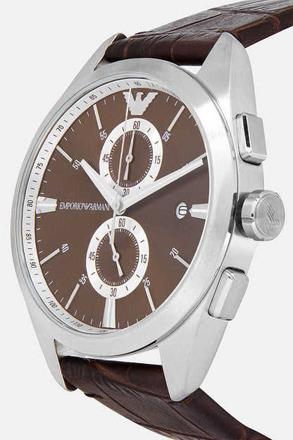 Side angle view of Emporio Armani Claudio chronograph watch showing stainless steel case and leather strap