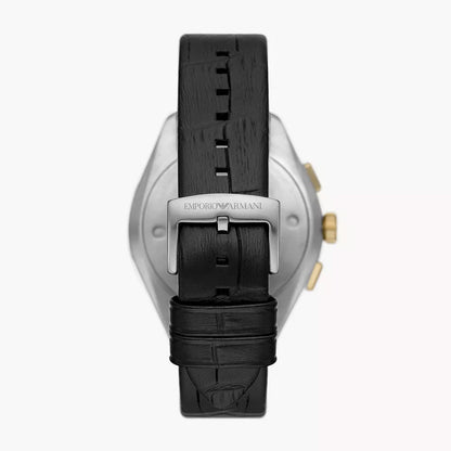 Emporio Armani Claudio watch caseback view showing black leather strap and buckle