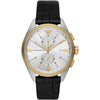 Emporio Armani Claudio chronograph watch with two-tone case, white dial, and black leather strap
