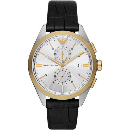 Emporio Armani Claudio chronograph watch with two-tone case, white dial, and black leather strap