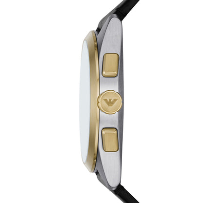 Emporio Armani Claudio watch side view displaying case profile and gold chronograph pushers